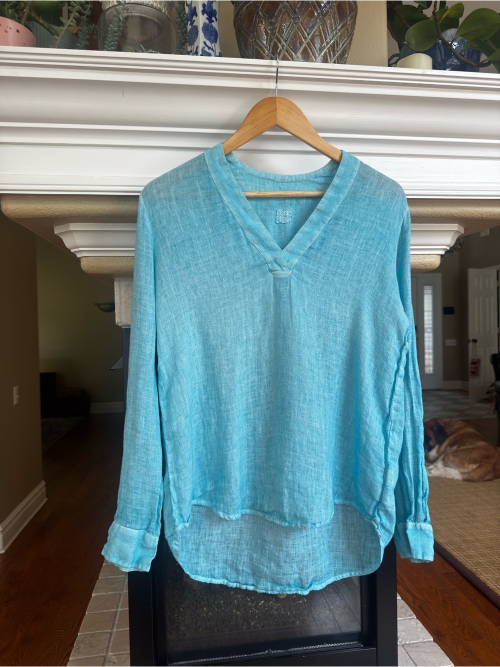 120% Lino Blue Long Sleeve Linen Blouse Eurosummer Lagenlook 44/12